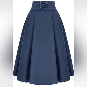 Women's High Waist Retro Vintage Lace Up Midi Skirts with Pocket Zipper A-line